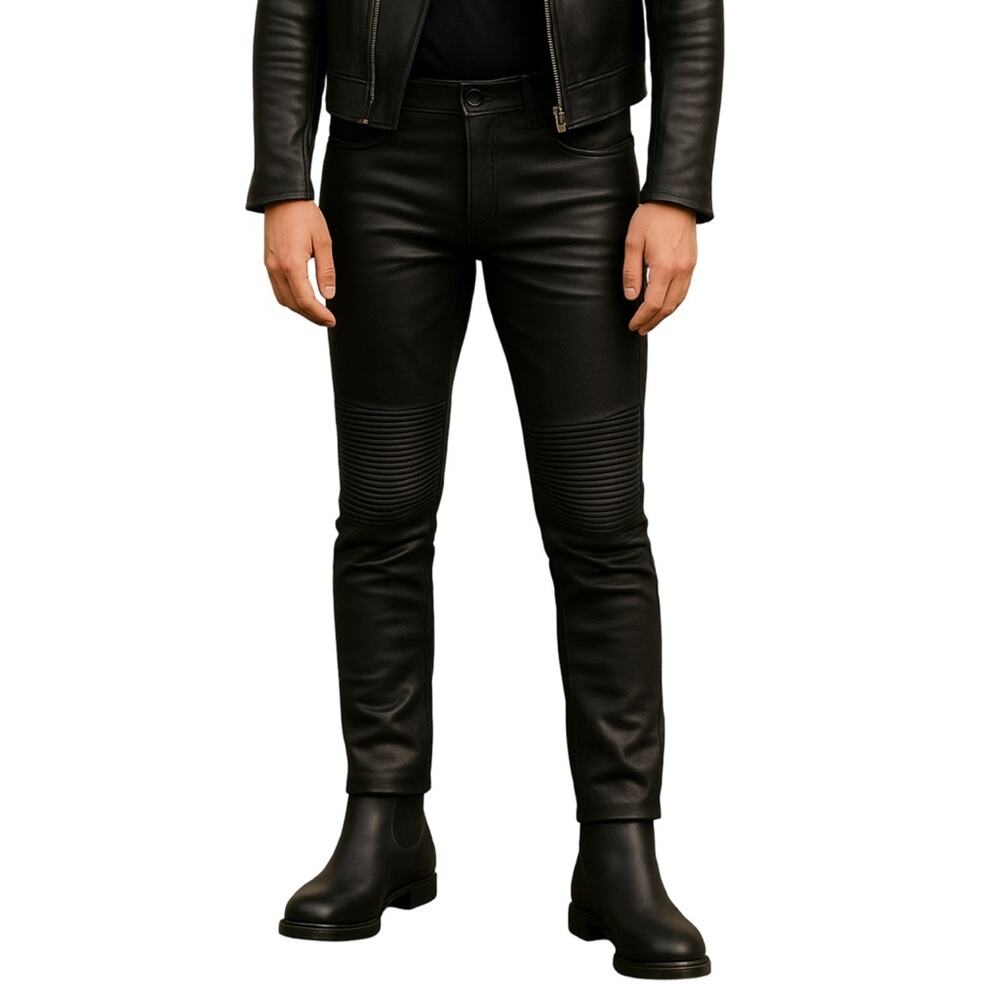 Belstaff Black Biker Pants Size 29 Moto-Inspired Stretch Denim Ribbed Knee Waxed - Picture 9 of 9